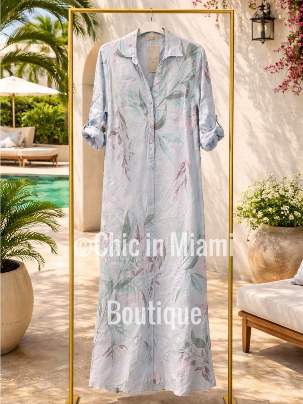Italian Linen Blue Floral Maxi Shirt Dress